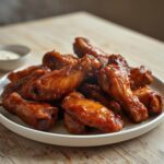 Air Fryer BBQ Turkey Wings: Crispy air fryer BBQ turkey wings with golden brown skin and sticky barbecue glaze on a plate.