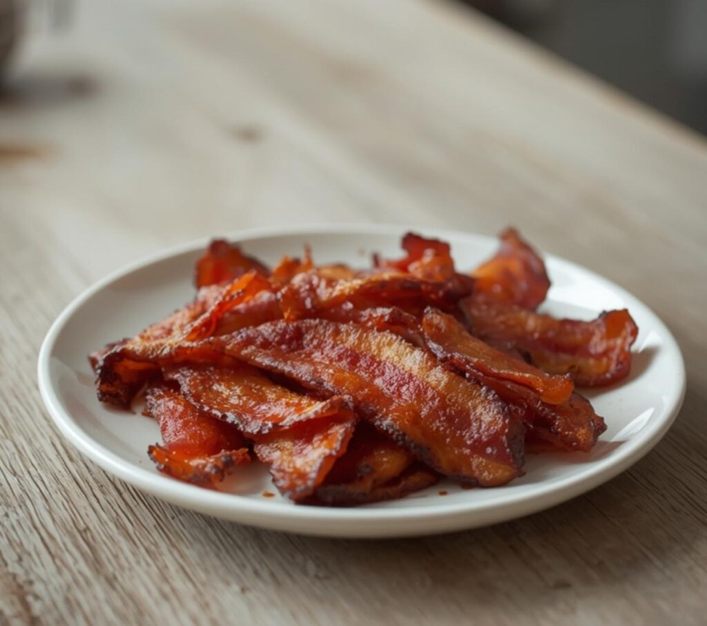 air fryer beef bacon: Crispy, golden-brown air fryer beef bacon strips with caramelized edges, perfect for breakfast.
