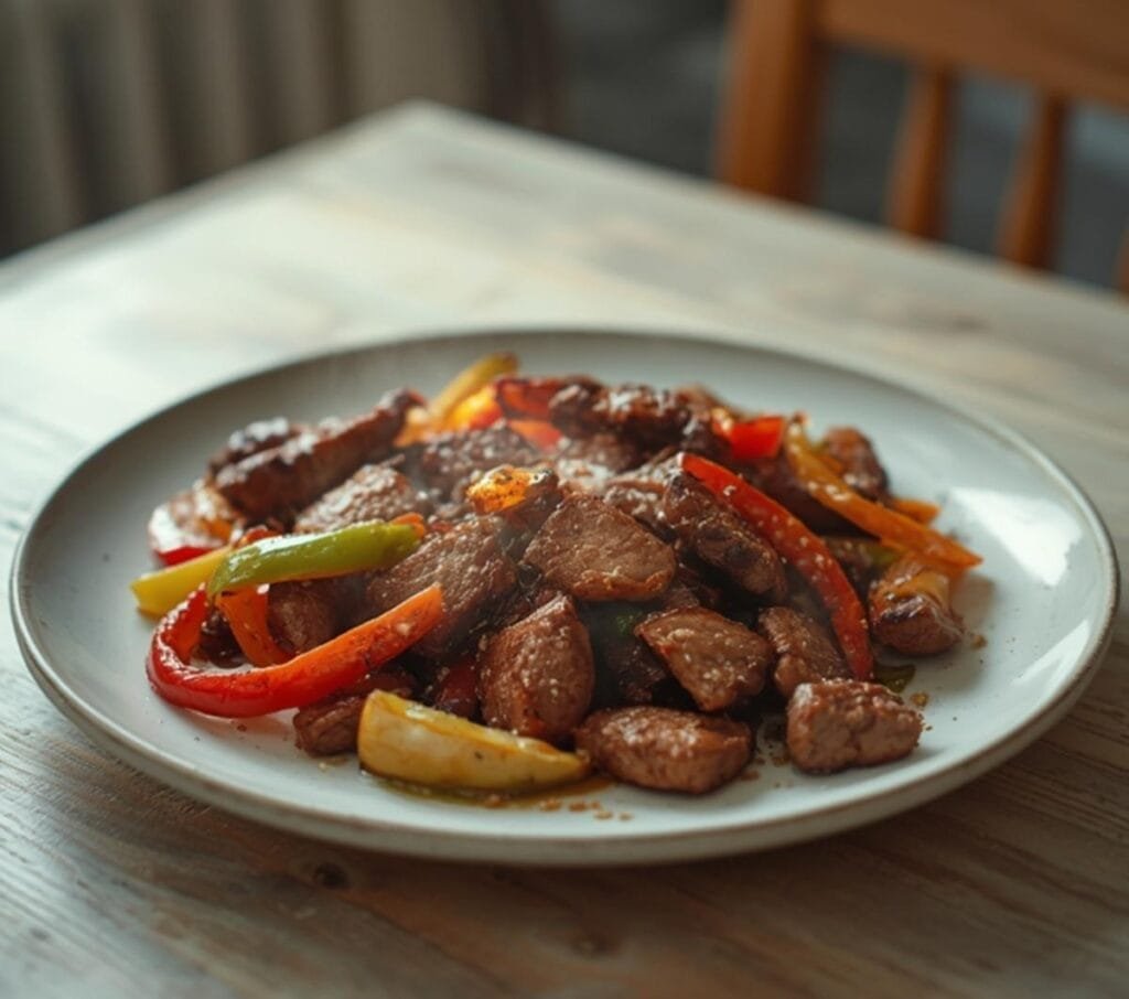 Air Fryer Beef Fajitas: Golden Air Fryer Beef Fajitas with sizzling steak and colorful peppers on a plate