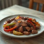 Air Fryer Beef Fajitas: Golden Air Fryer Beef Fajitas with sizzling steak and colorful peppers on a plate