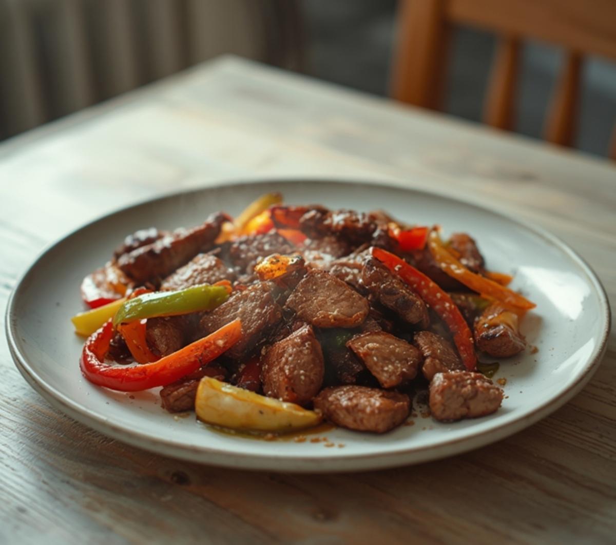 Air Fryer Beef Fajitas: Golden Air Fryer Beef Fajitas with sizzling steak and colorful peppers on a plate