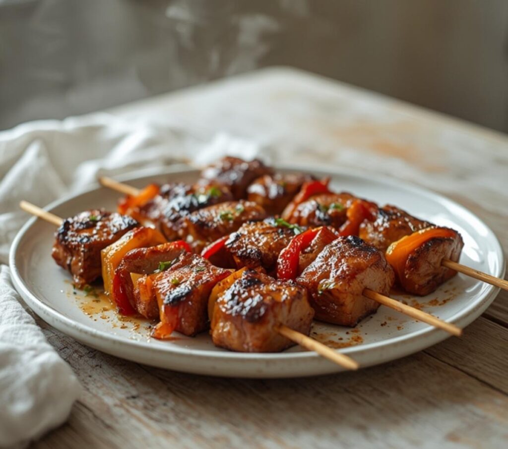 Air Fryer Beef Kabobs: Golden beef kabobs with charred edges and colorful vegetables in air fryer basket.