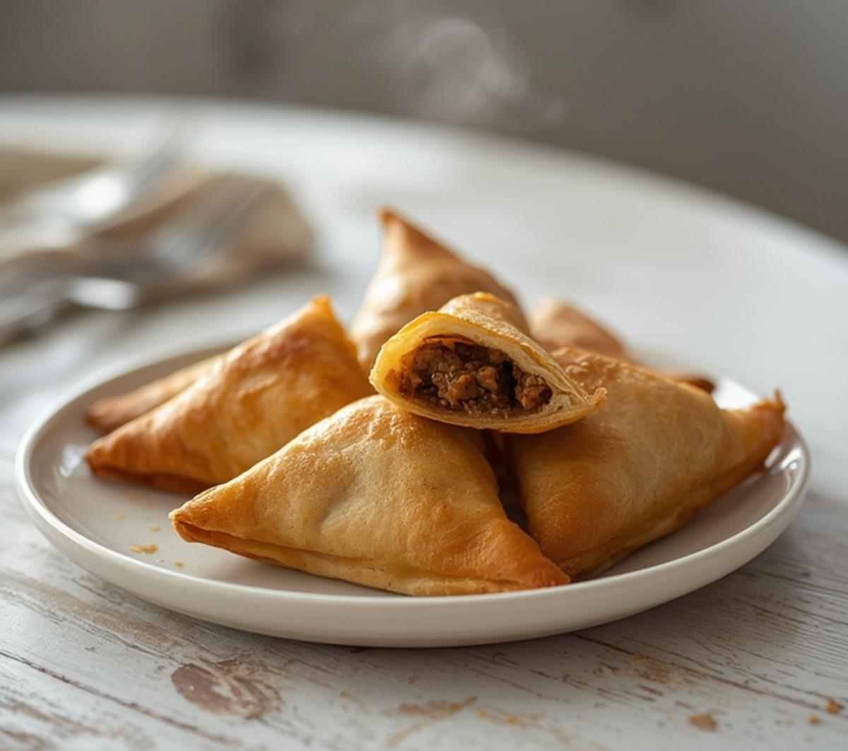 air fryer beef samosas: Golden air fryer beef samosas with flaky pastry and savory filling on a plate.