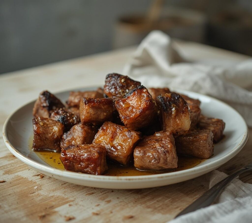 Air Fryer Beef Tips: Juicy air fryer beef tips with golden crisp edges on a rustic plate.