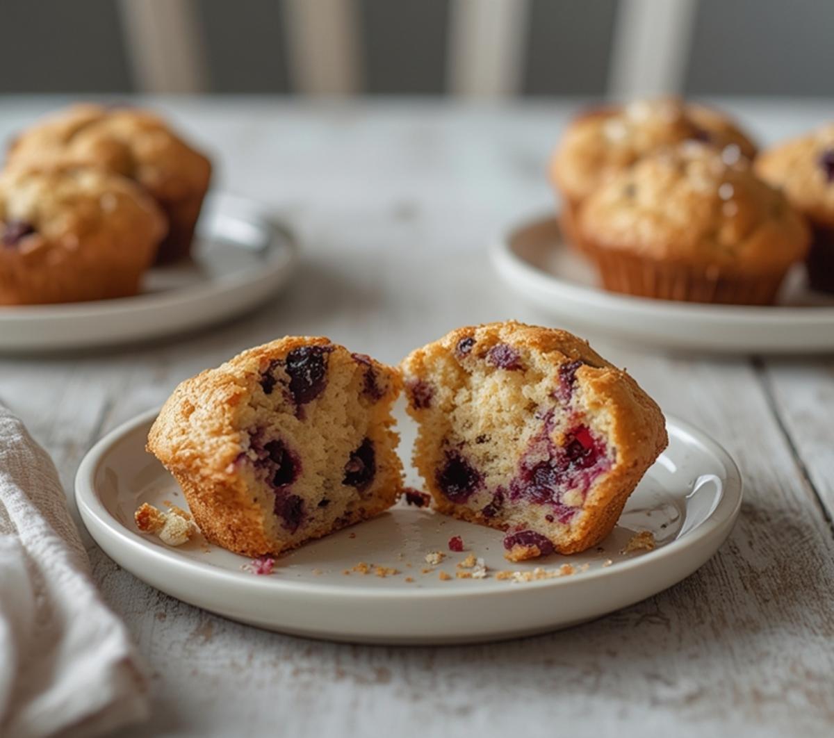 Air Fryer Berry Breakfast Muffins: Golden air fryer berry breakfast muffins with crisp edges and juicy berries on a rustic board.