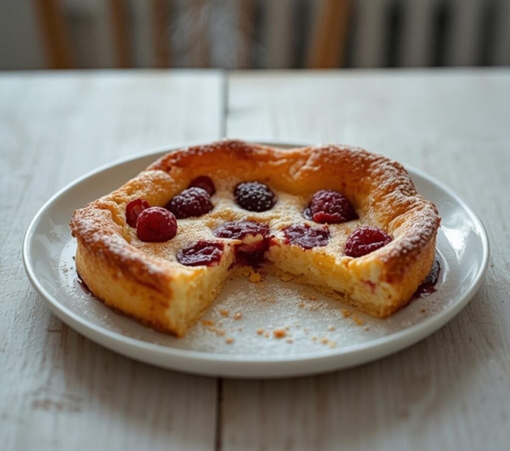 Air Fryer Berry Dutch Baby: Golden Air Fryer Berry Dutch Baby with crisp edges and fresh berry topping in a pan.
