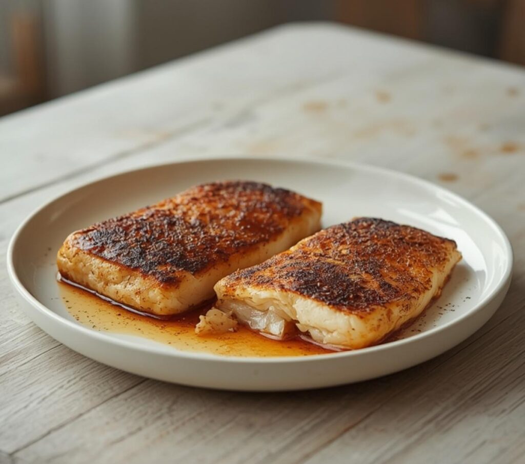 Air Fryer Blackened Tilapia: Golden blackened tilapia fillets with crisp edges in an air fryer basket.