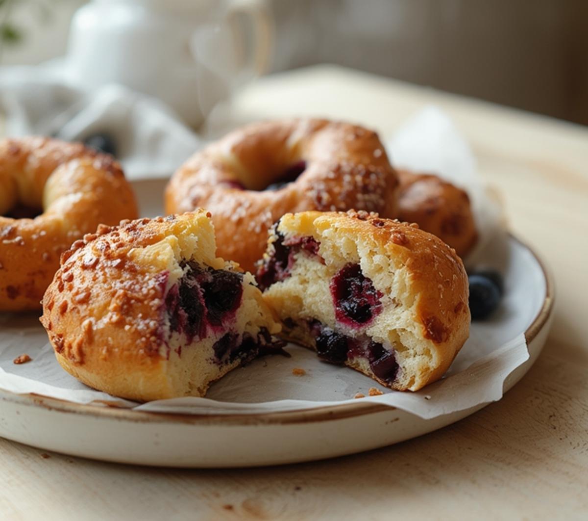 Air Fryer Blueberry Bagels: Golden Air Fryer Blueberry Bagels with crispy edges and juicy blueberries on a rustic board