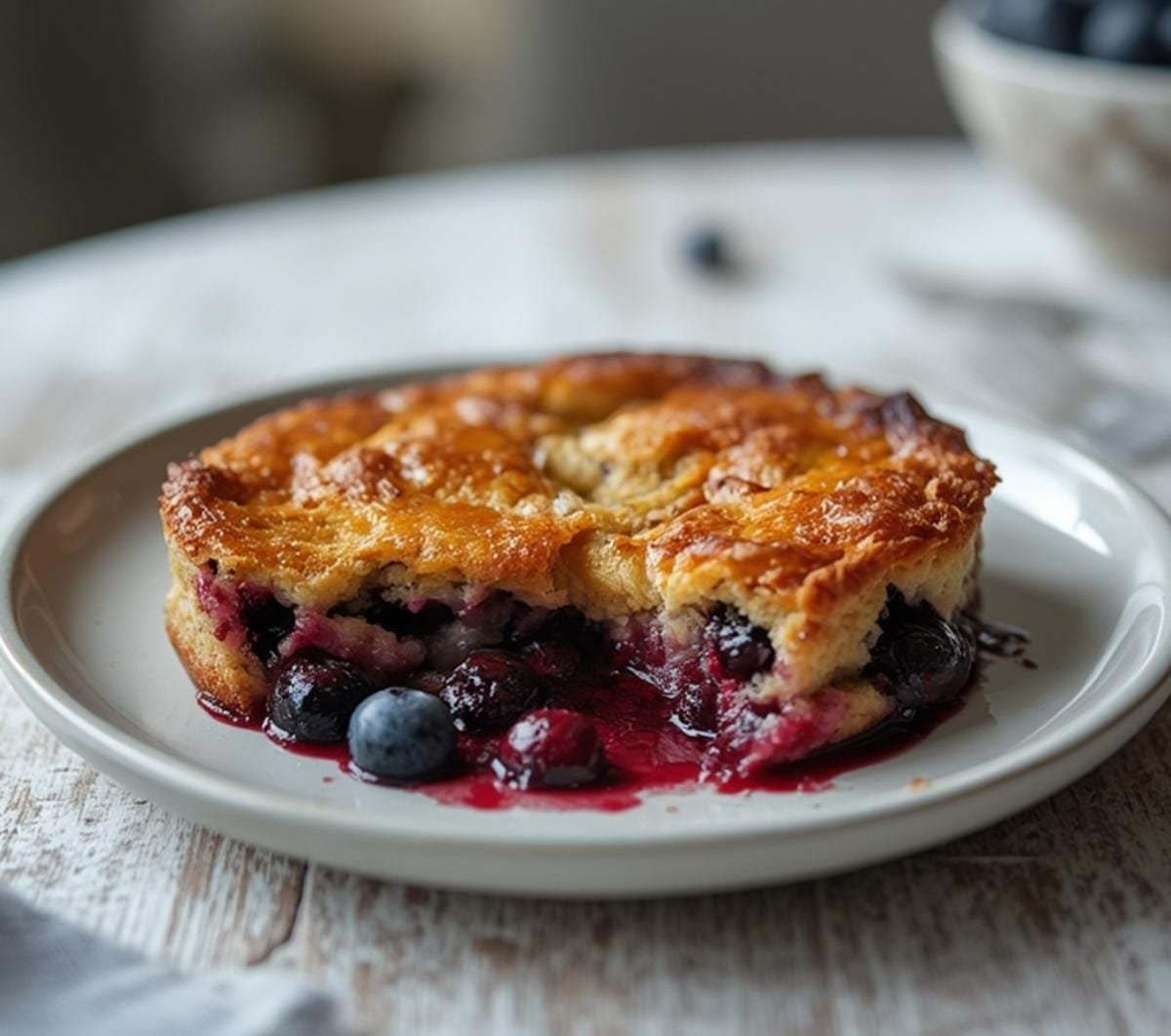 Air Fryer Blueberry Cobbler: Golden Air Fryer Blueberry Cobbler with bubbly blueberries and crisp biscuit topping in a dish.