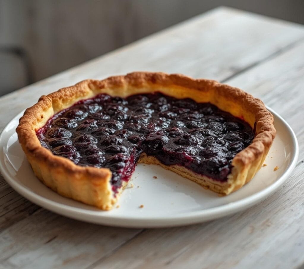 Air Fryer Blueberry Tart: Golden flaky Air Fryer Blueberry Tart with glistening blueberry filling on a rustic plate.