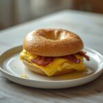 Air Fryer Breakfast Bagel Sandwich: Golden toasted air fryer breakfast bagel sandwich with melted cheese and scrambled eggs on a plate.