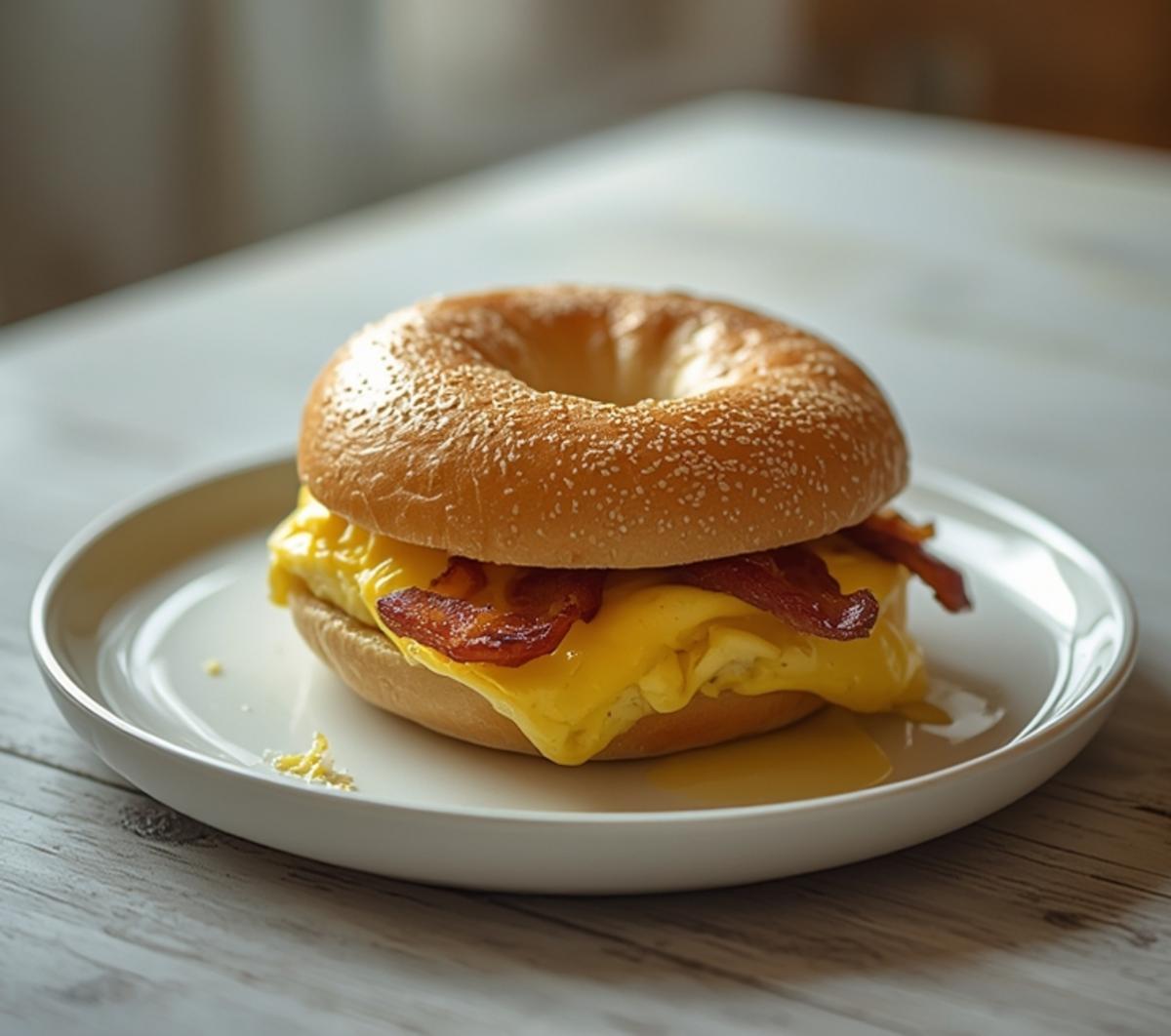 Air Fryer Breakfast Bagel Sandwich: Golden toasted air fryer breakfast bagel sandwich with melted cheese and scrambled eggs on a plate.