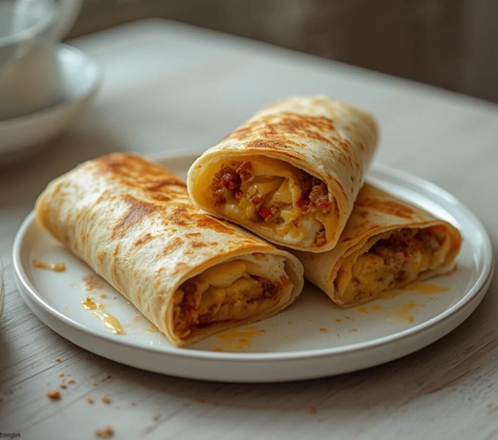 Air Fryer Breakfast Burrito: Golden crispy air fryer breakfast burrito with melted cheese and fluffy eggs visible inside.