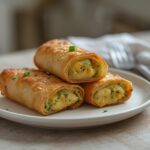 Air Fryer Breakfast Egg Rolls: Golden crispy air fryer breakfast egg rolls with cheesy filling on a plate.