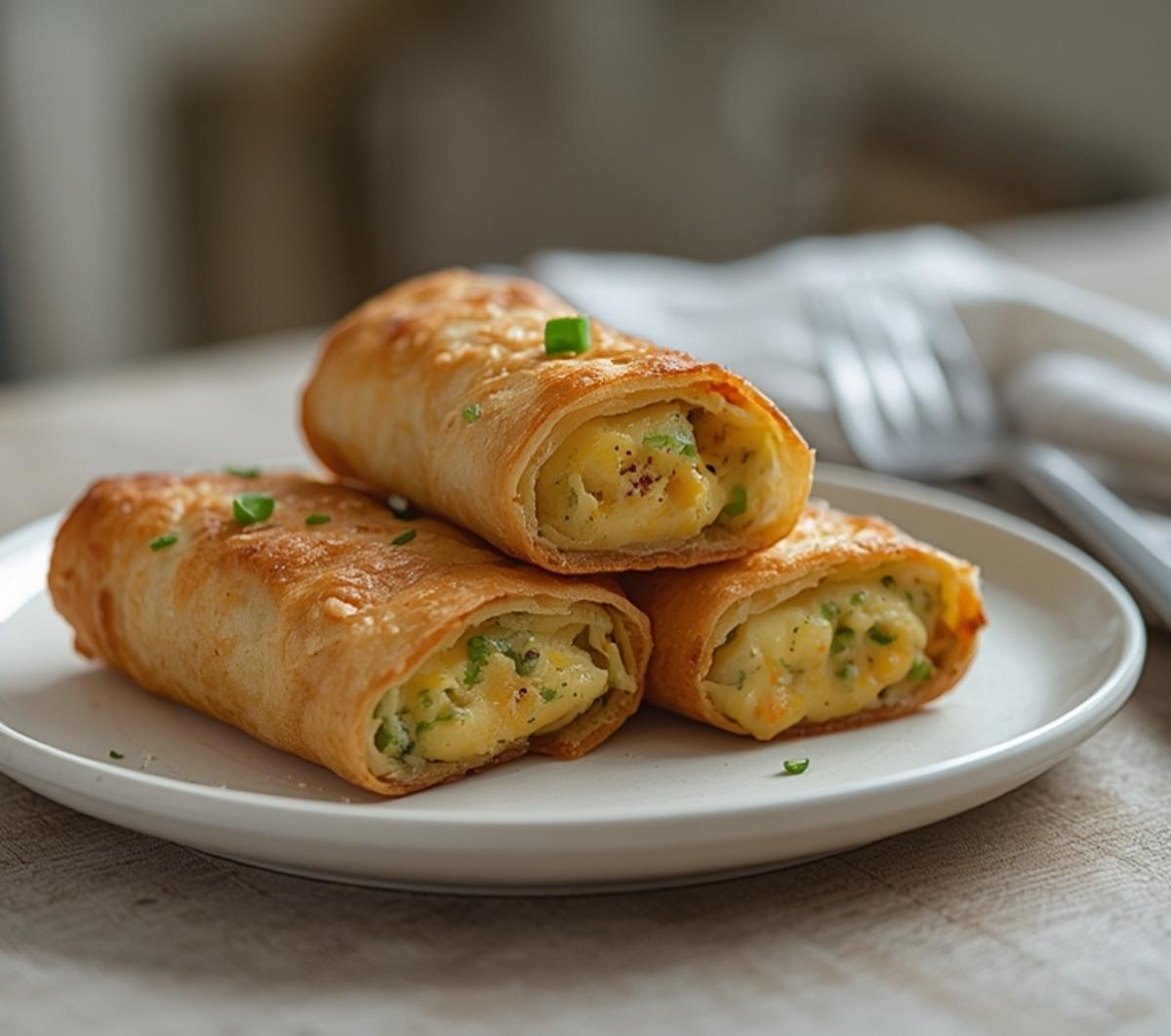 Air Fryer Breakfast Egg Rolls: Golden crispy air fryer breakfast egg rolls with cheesy filling on a plate.