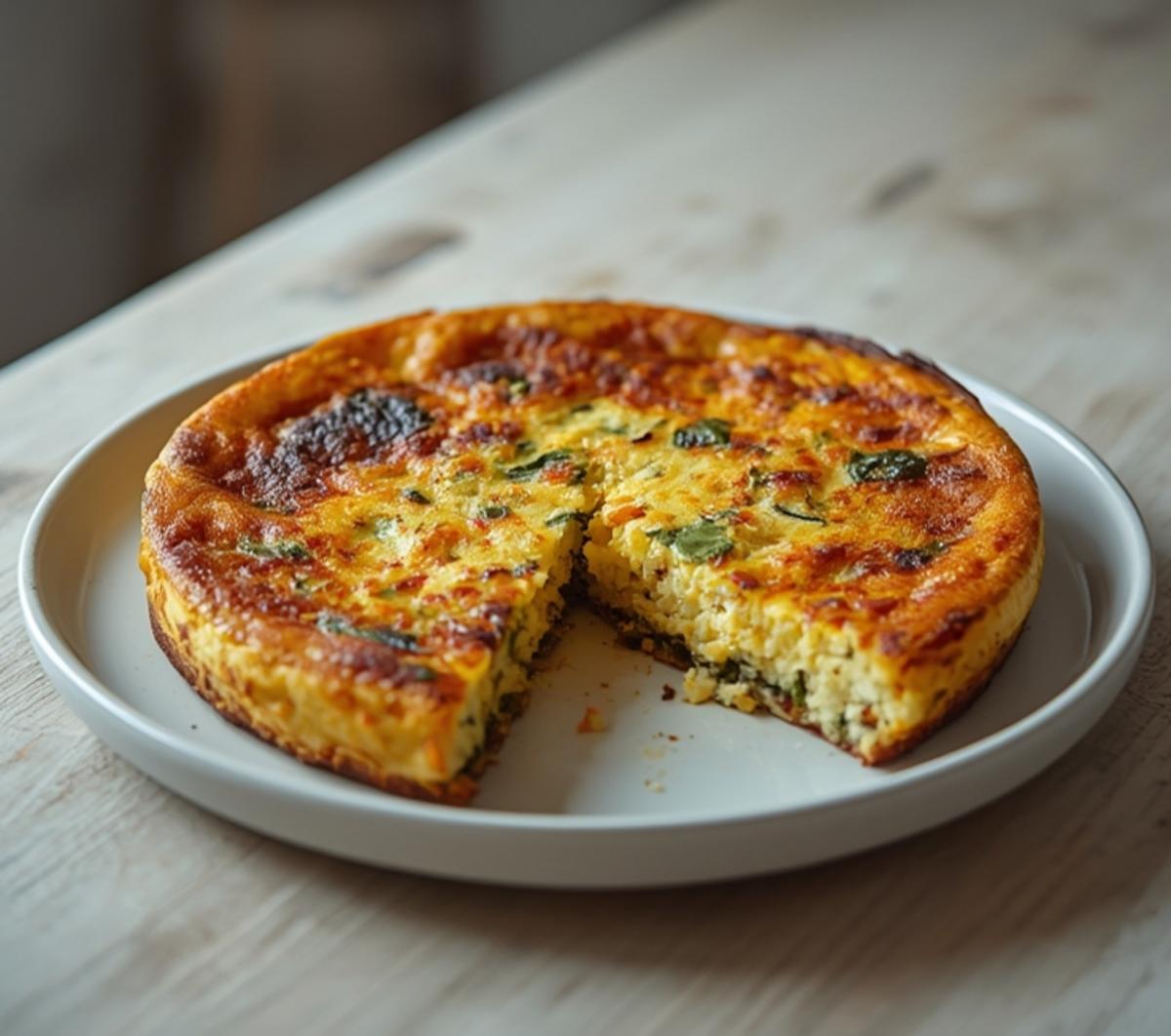 Air Fryer Breakfast Frittata: Golden, fluffy Air Fryer Breakfast Frittata with melted cheese and vegetables in a pan.