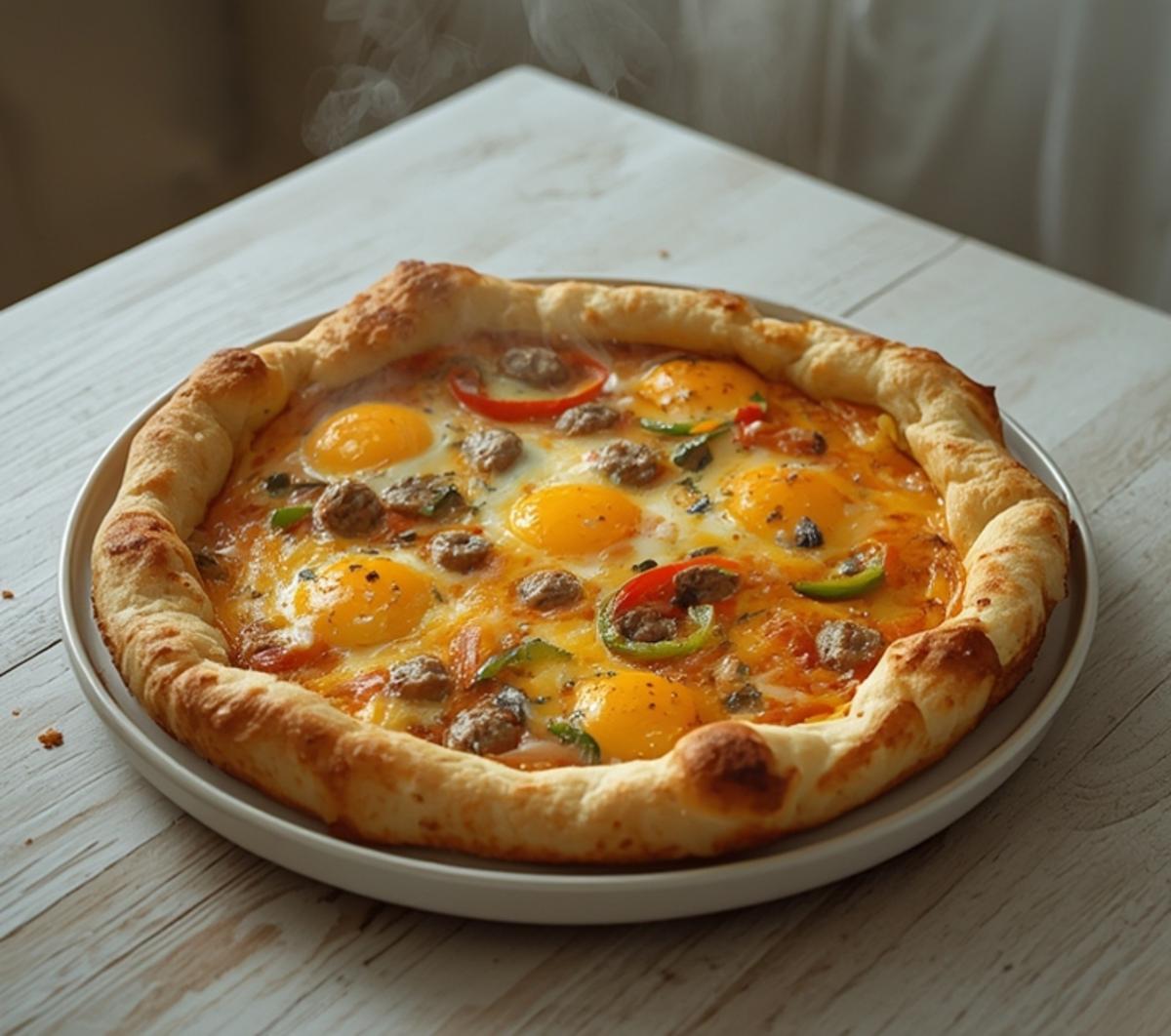 air fryer breakfast pizza: Extra crispy air fryer breakfast pizza with golden crust and melted cheese toppings on a wooden board.