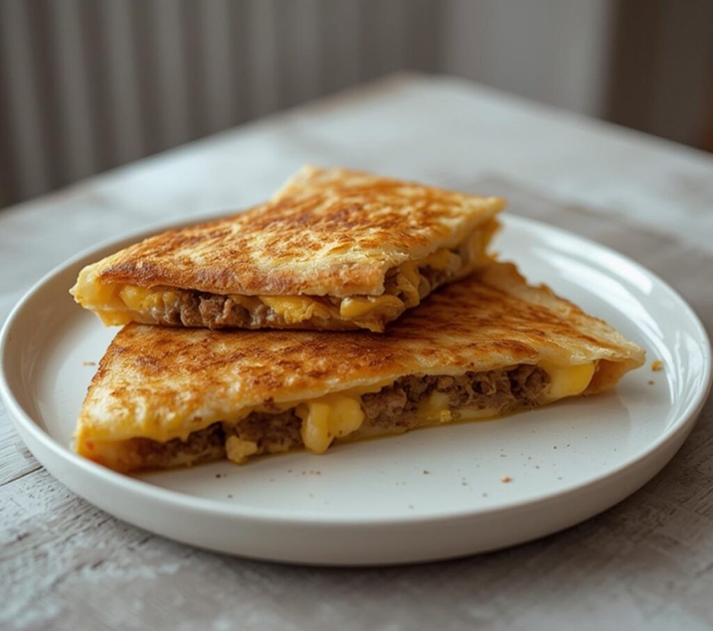 air fryer breakfast quesadilla: Golden crispy air fryer breakfast quesadilla with melted cheese and sausage filling on a plate.