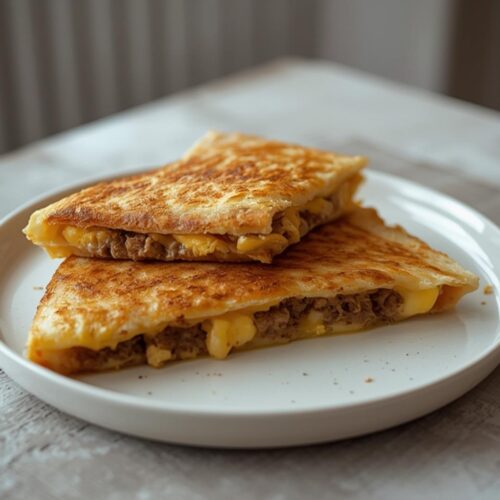 air fryer breakfast quesadilla: Golden crispy air fryer breakfast quesadilla with melted cheese and sausage filling on a plate.