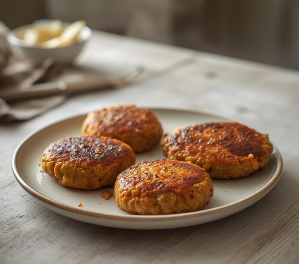air fryer breakfast sausage patties: Golden crispy air fryer breakfast sausage patties with caramelized edges on a white plate