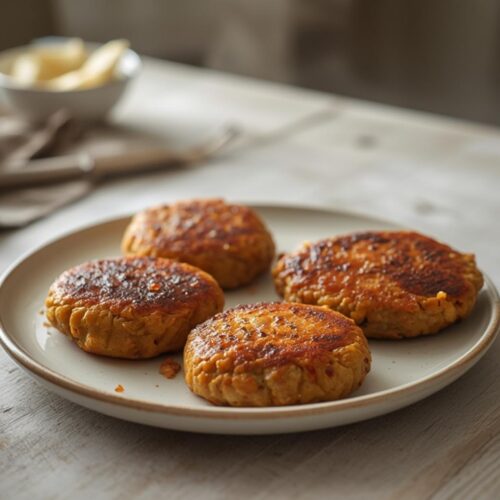 air fryer breakfast sausage patties: Golden crispy air fryer breakfast sausage patties with caramelized edges on a white plate