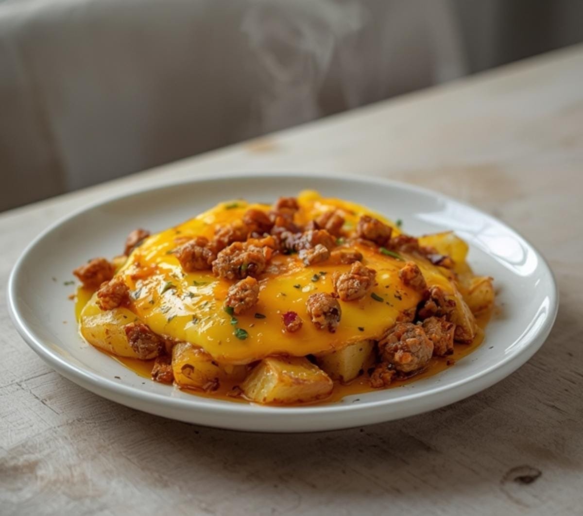 Air Fryer Breakfast Skillet: Golden crispy air fryer breakfast skillet with potatoes, eggs, and melted cheese on a rustic wooden table.