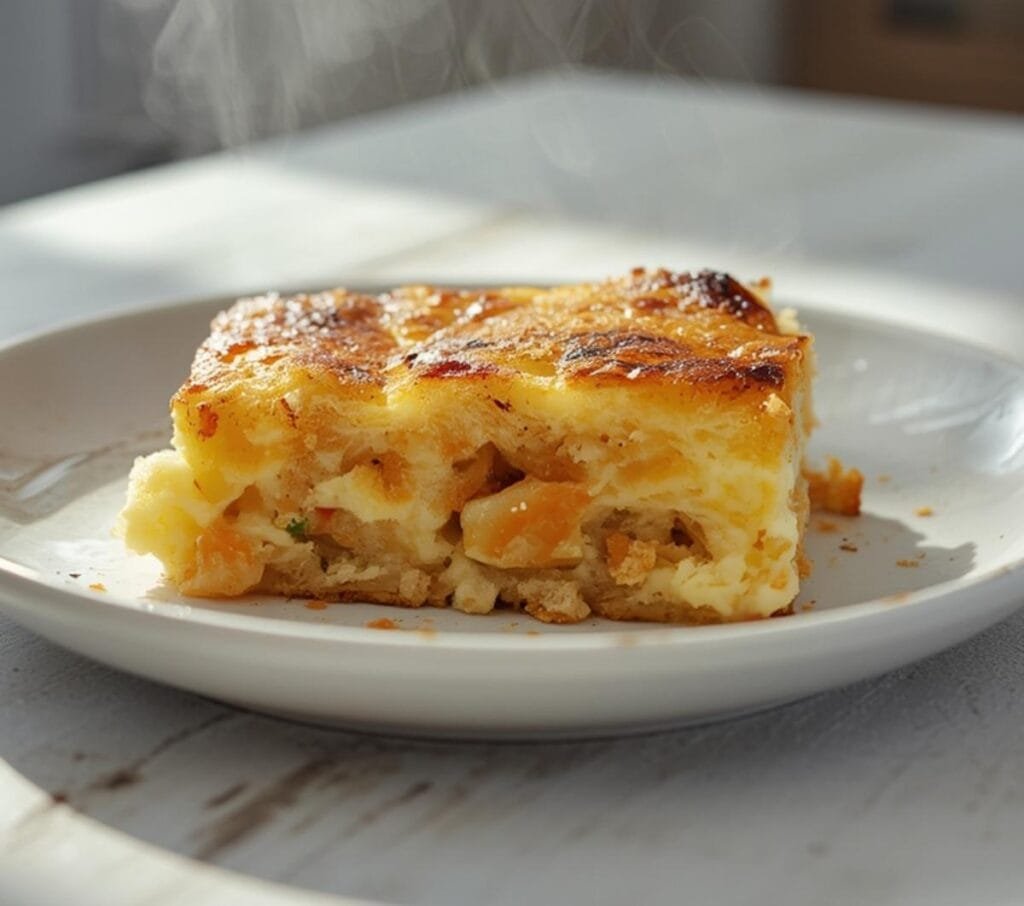 Air Fryer Breakfast Strata: Golden air fryer breakfast strata with crispy cheese top and creamy layers.