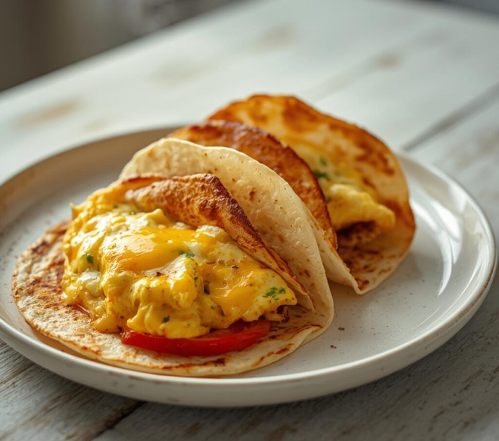 air fryer breakfast tacos: Crispy golden air fryer breakfast tacos filled with fluffy eggs and melted cheese on a rustic plate.