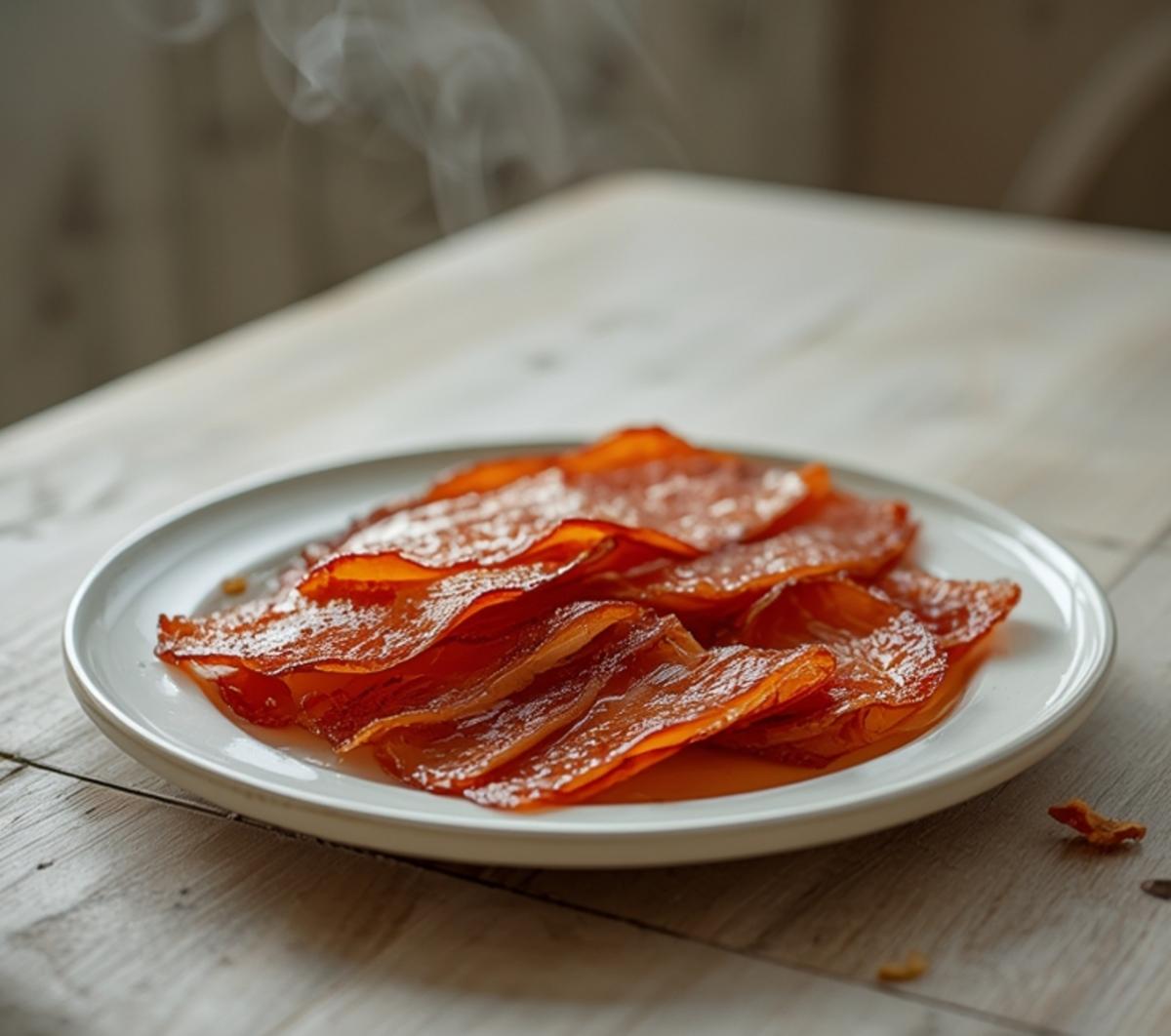 air fryer canadian bacon: Golden air fryer Canadian bacon slices with crispy edges on a white plate, ready for breakfast.