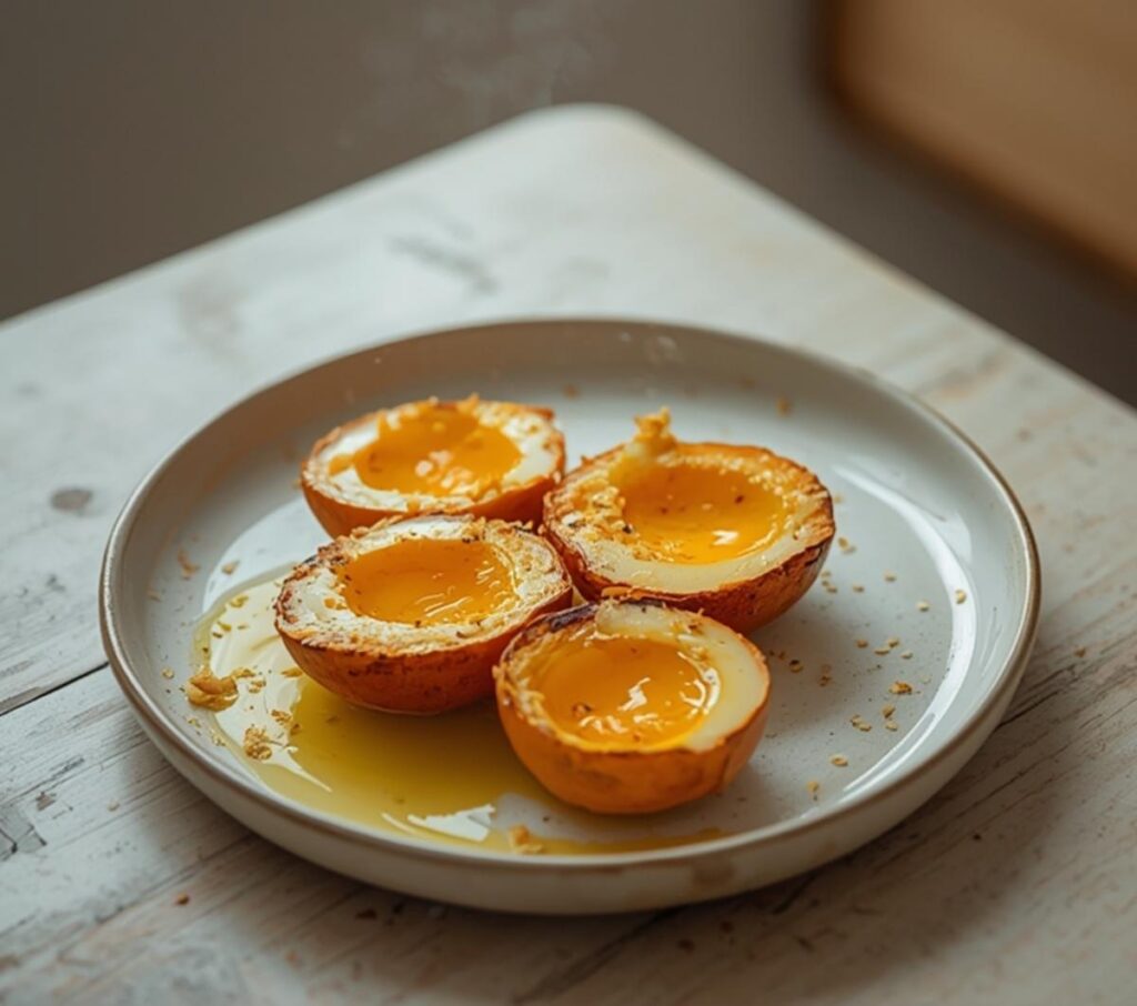 air fryer century eggs: Air fryer century eggs with golden shells and creamy centers on a rustic plate, perfect for breakfast.