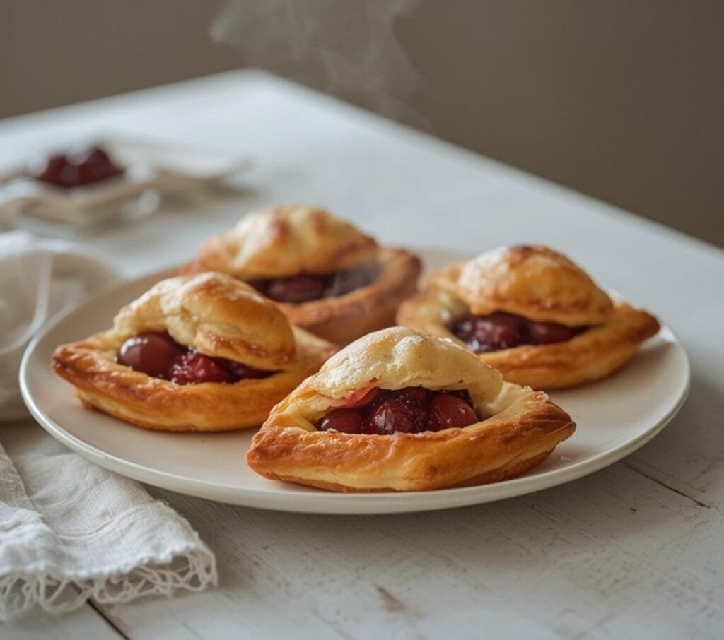 Air Fryer Cherry Hand Pies: Golden, flaky air fryer cherry hand pies with ruby-red filling on a rustic board.