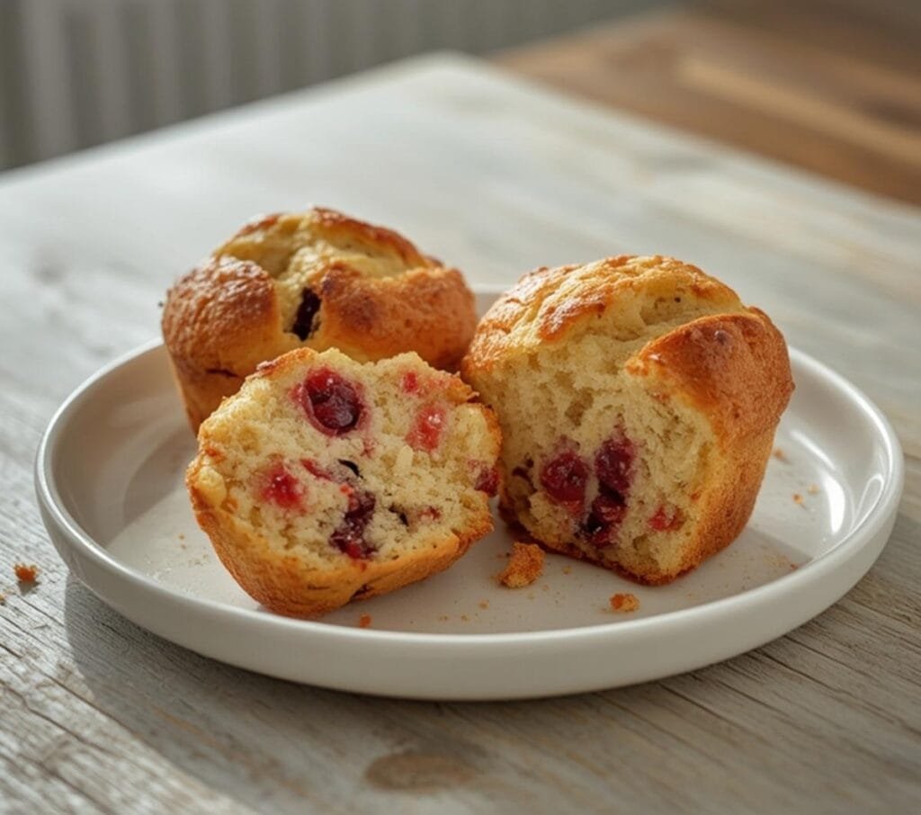 Air Fryer Cherry Muffins: Golden brown air fryer cherry muffins with ruby-red fruit pieces and a tender crumb.