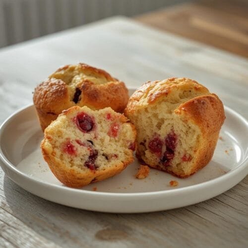 Air Fryer Cherry Muffins: Golden brown air fryer cherry muffins with ruby-red fruit pieces and a tender crumb.