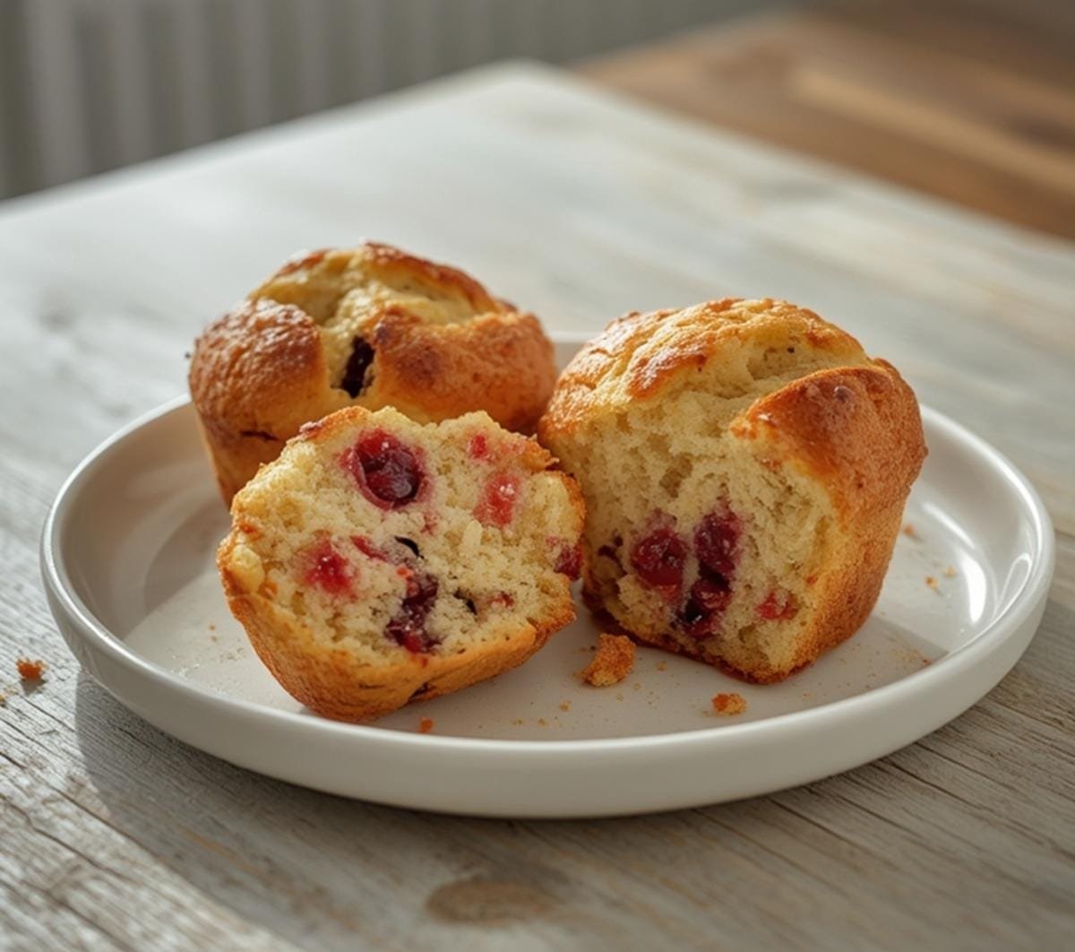 Air Fryer Cherry Muffins: Golden brown air fryer cherry muffins with ruby-red fruit pieces and a tender crumb.