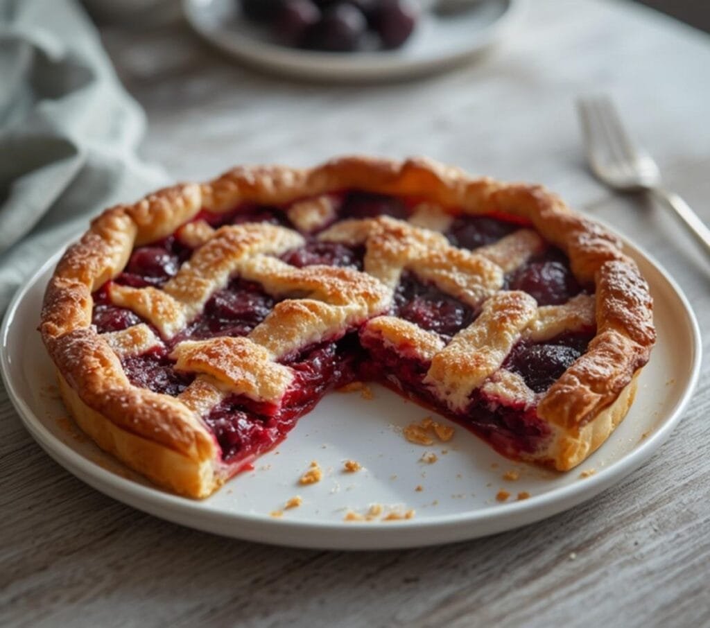 Air Fryer Cherry Tart: Golden Air Fryer Cherry Tart with crispy edges and ruby-red cherry filling on a rustic plate.