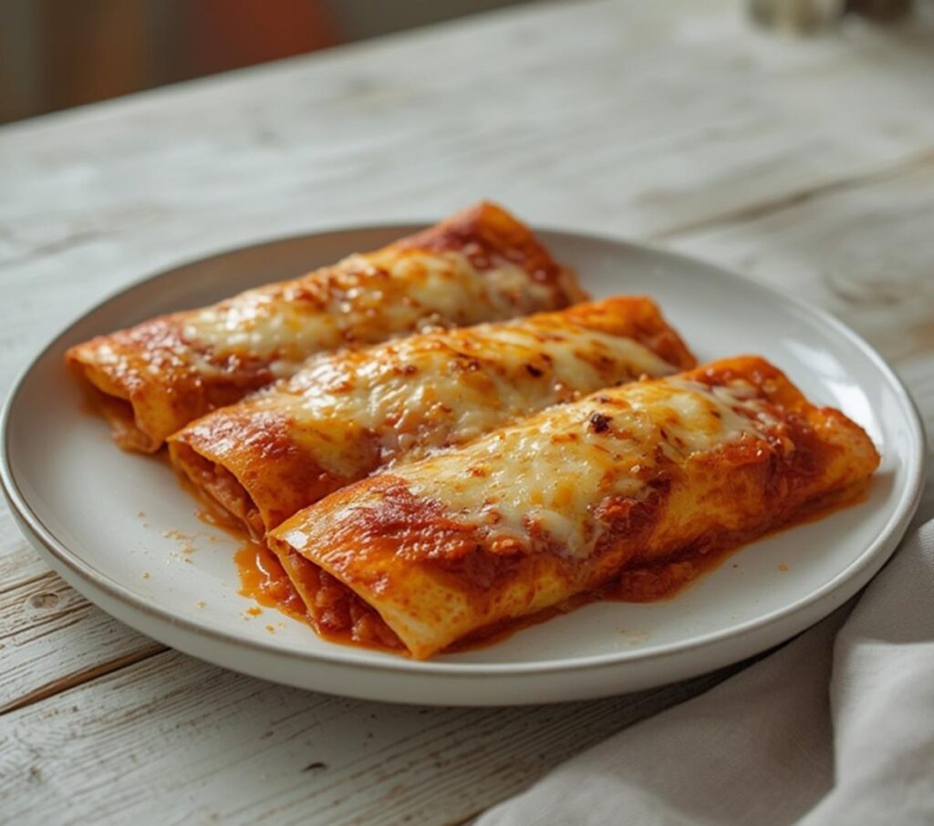 Air Fryer Chicken Enchiladas: Golden air fryer chicken enchiladas with melted cheese and crispy edges on a white plate