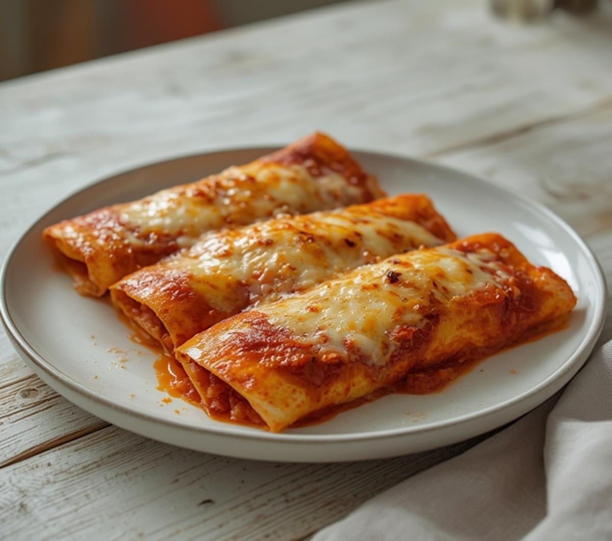Air Fryer Chicken Enchiladas: Golden air fryer chicken enchiladas with melted cheese and crispy edges on a white plate