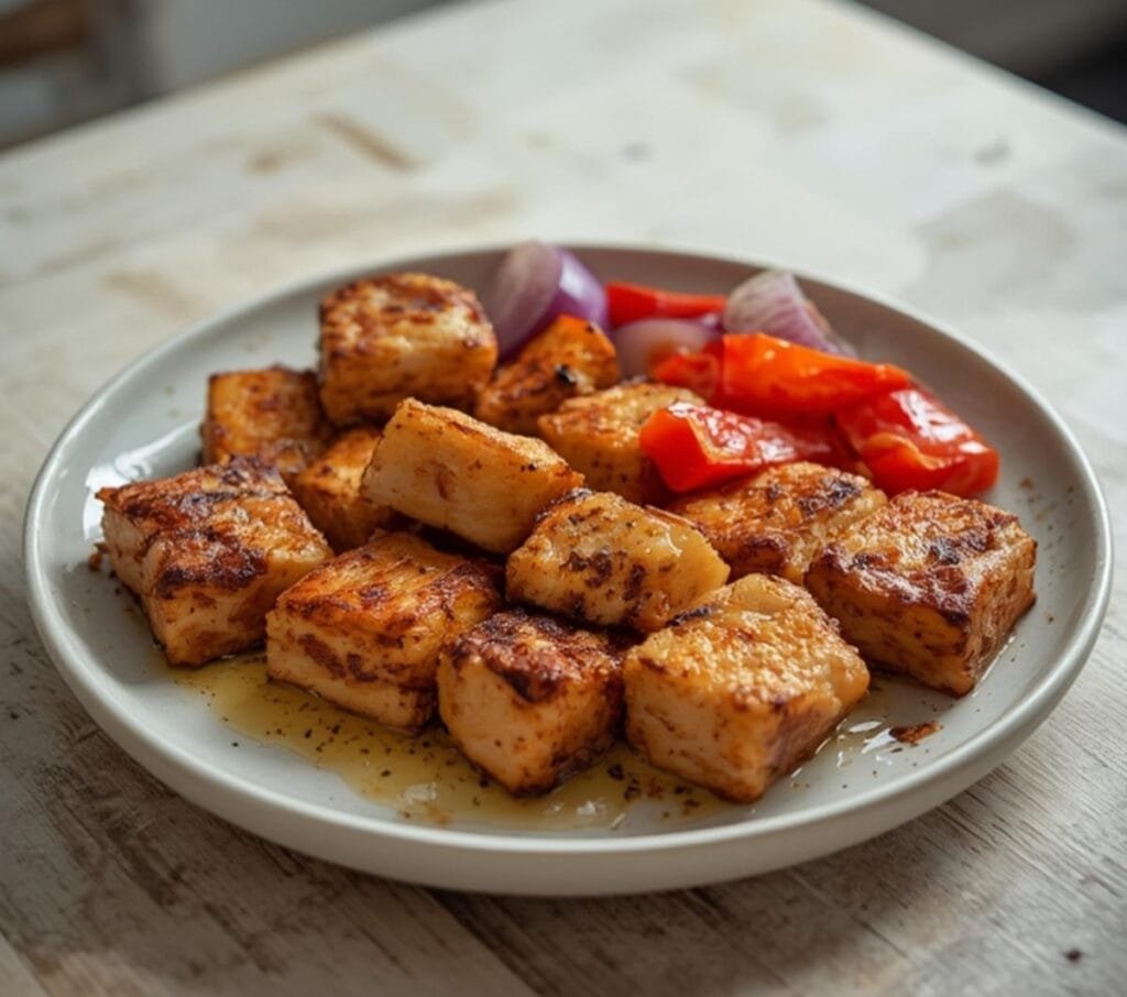 Air Fryer Chicken Skewers: Golden air fryer chicken skewers with charred edges and colorful vegetables on wooden sticks