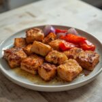 Air Fryer Chicken Skewers: Golden air fryer chicken skewers with charred edges and colorful vegetables on wooden sticks