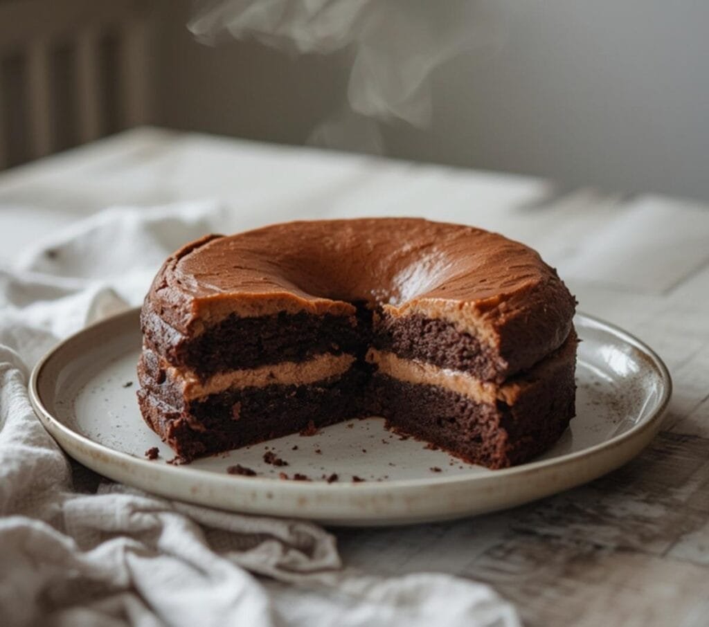 Air Fryer Chocolate Cake: Moist air fryer chocolate cake with a glistening top and crisp edges on a plate.