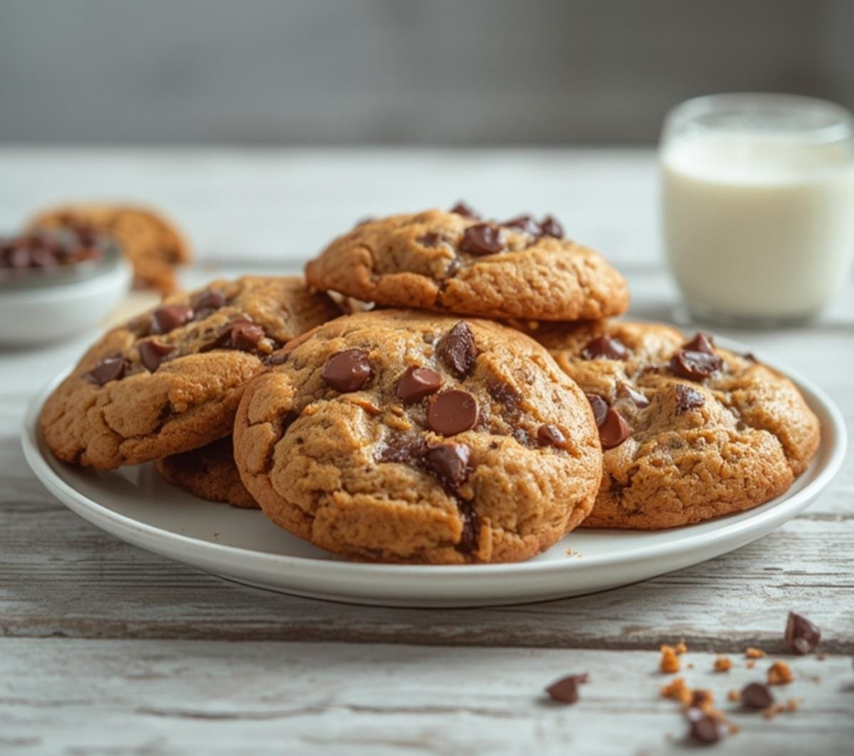 Air Fryer Chocolate Chip Cookies: Golden brown chocolate chip cookies with crisp edges and melted chocolate chips in an air fryer basket.