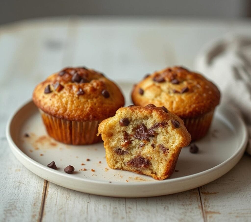 Air Fryer Chocolate Chip Muffins: Golden air fryer chocolate chip muffins with melted chips on top, perfect for Air Fryer Baking Sweets.