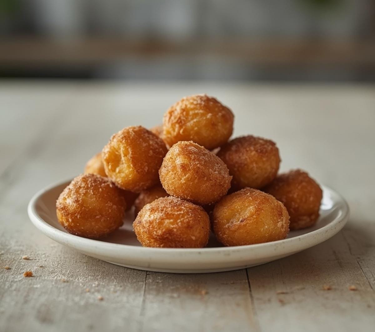 Air Fryer Churro Bites: Golden Air Fryer Churro Bites with a crispy cinnamon-sugar coating on a plate.