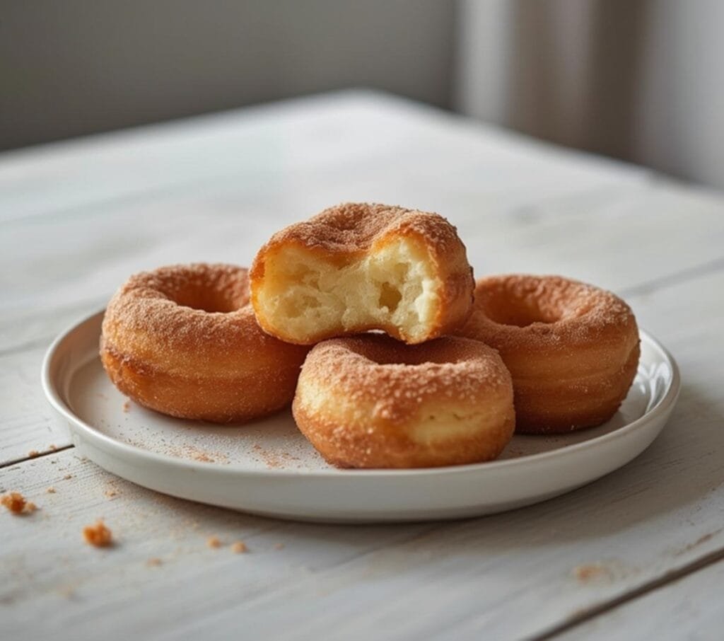 Air Fryer Cinnamon Sugar Donuts: Golden, crispy Air Fryer Cinnamon Sugar Donuts with a sparkling sugar coating and soft interior ready to eat.