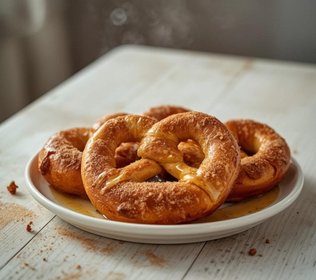 Air Fryer Cinnamon Sugar Pretzels: Golden air fryer cinnamon sugar pretzels with crisp edges and glistening sugar coating for a sweet snack.