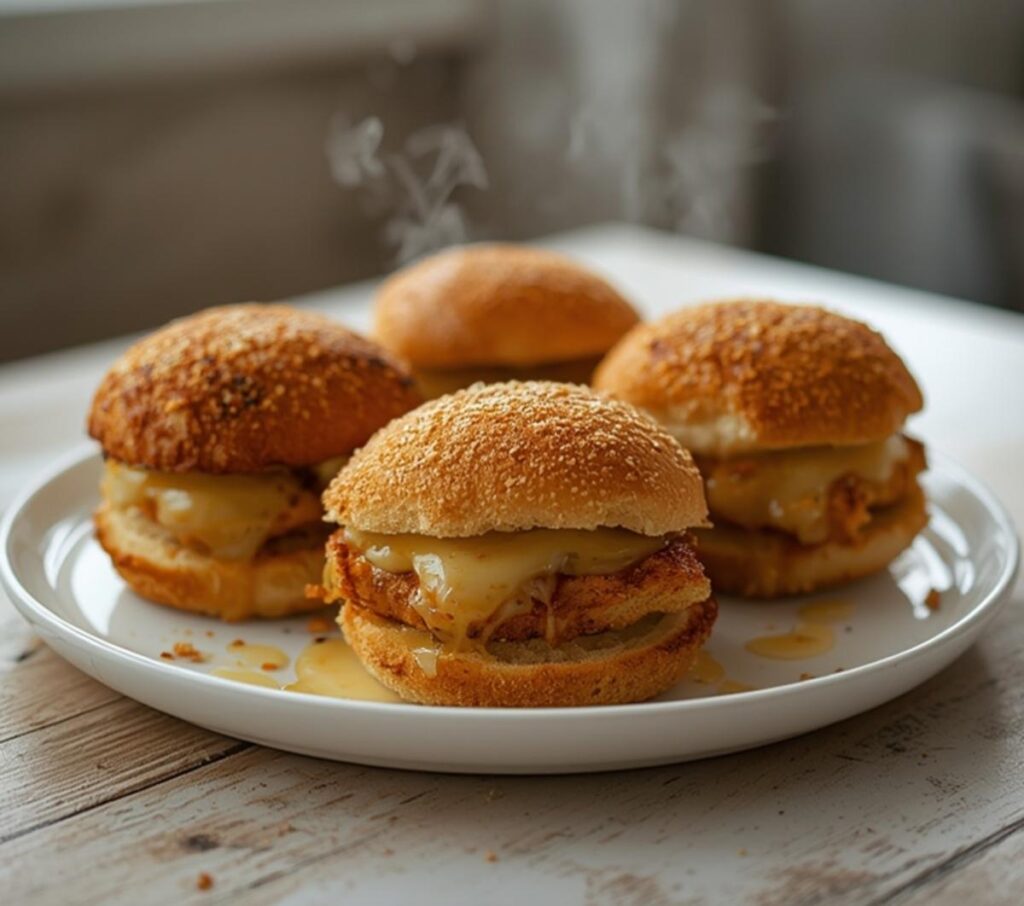 Air Fryer Crispy Chicken Sliders: Golden brown air fryer chicken sliders with melted cheese on brioche buns, crispy texture visible.