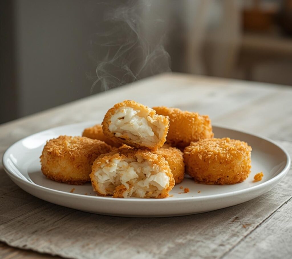 Air Fryer Crispy Cod Bites: Golden brown air fryer cod bites with crunchy panko coating on a white plate with lemon wedges