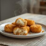 Air Fryer Crispy Cod Bites: Golden brown air fryer cod bites with crunchy panko coating on a white plate with lemon wedges