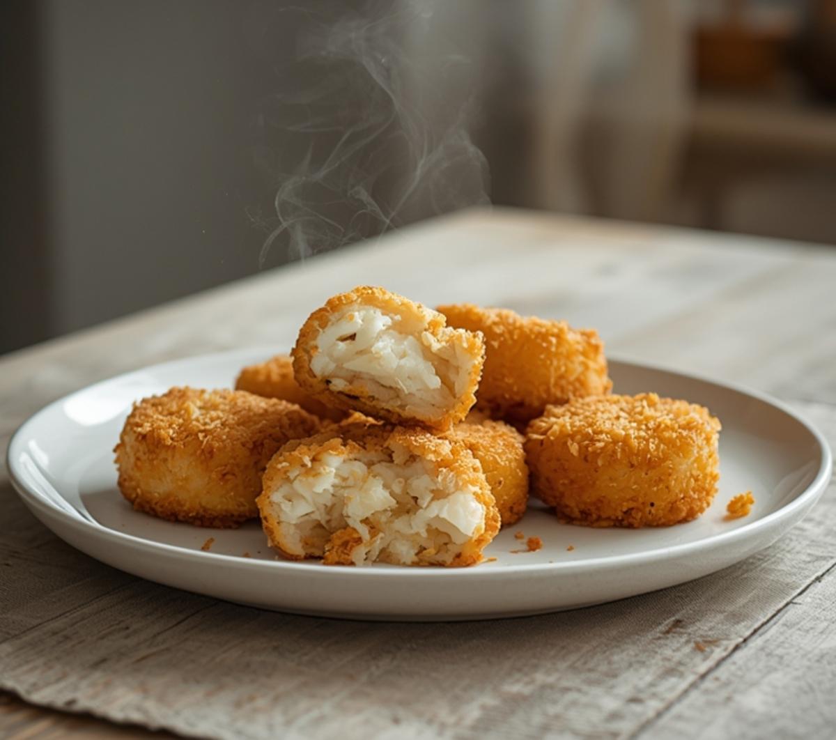 Air Fryer Crispy Cod Bites: Golden brown air fryer cod bites with crunchy panko coating on a white plate with lemon wedges