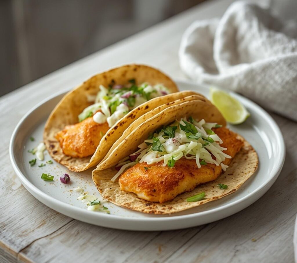 Air Fryer Crispy Fish Tacos: Crispy golden air fryer fish tacos with fresh slaw and lime crema on a wooden board.